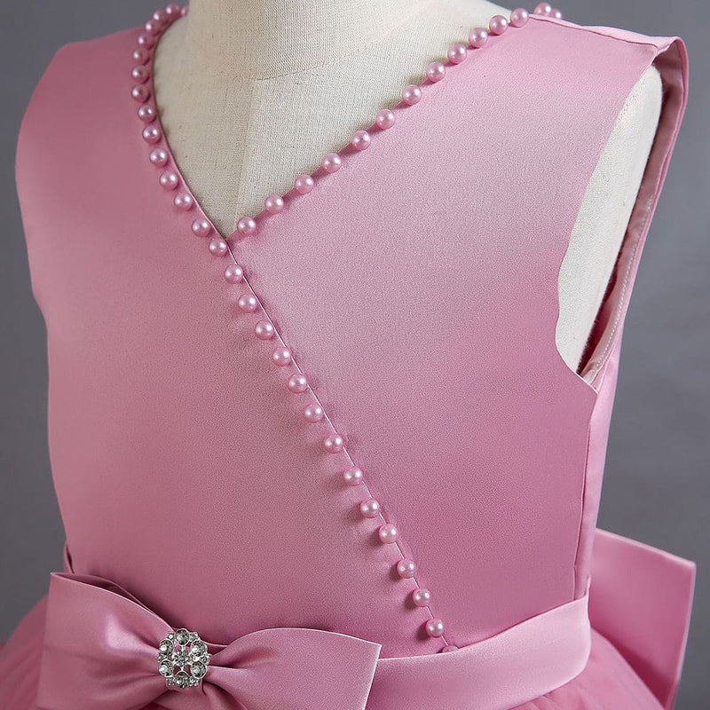 Girls Pink Pearl Big Bow Puffy Partywear Dress Party Dresses   