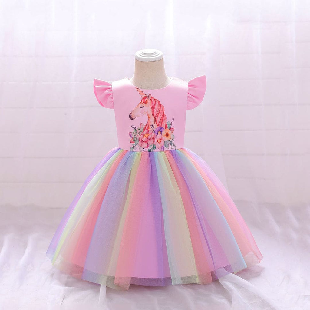 Girls Unicorn Mesh Princess Rainbow Partywear Dress Party Dresses Pink 1-2 Y 