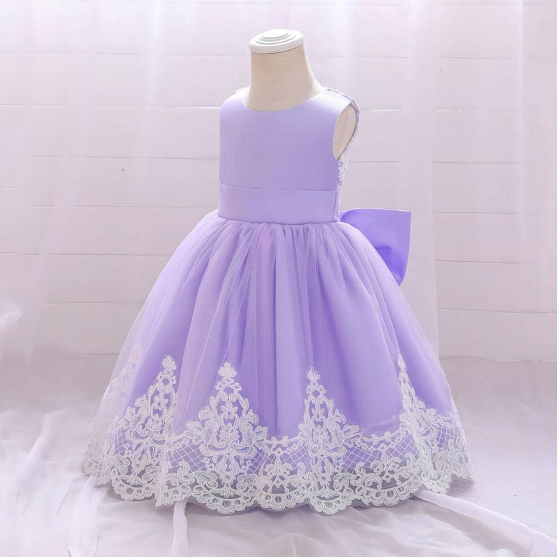 Girls Purple Lace Bordered Partywear Dress With Back Bow Party Dresses   