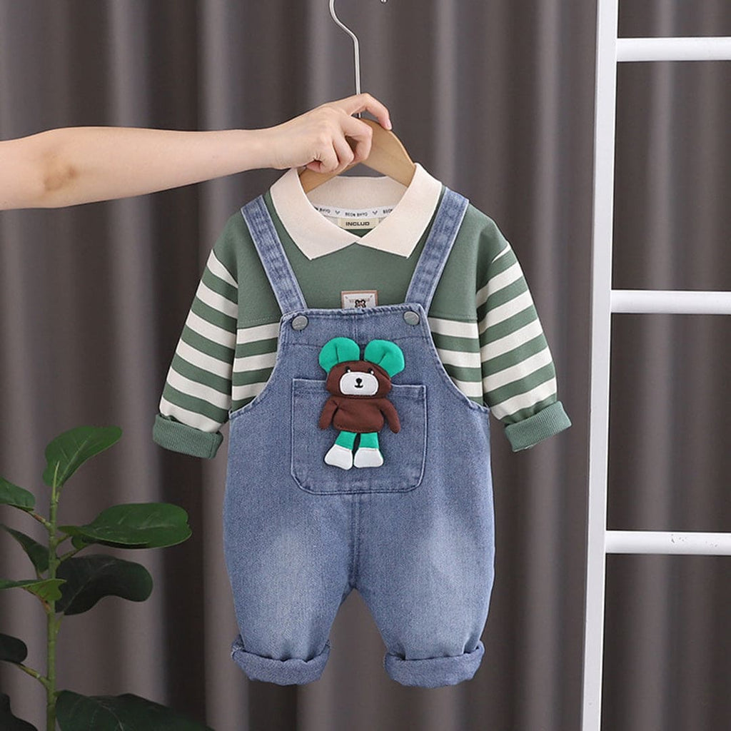 Boys Green Striped Sweatshirt With Toy Applique Dungaree Set Sets Green 1-2 Y 