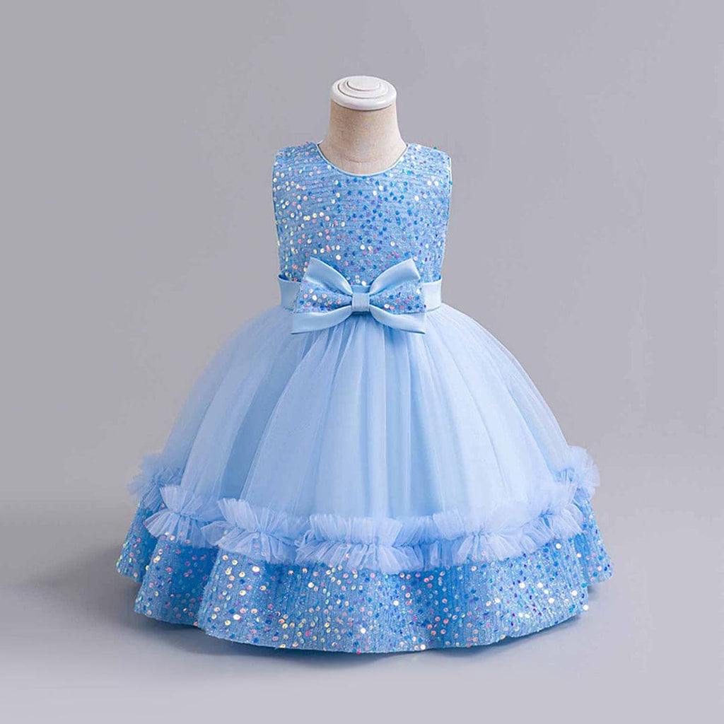 Girls Sky Blue Fluffy Sequined Partywear Dress With Ruffles Party Dresses Sky Blue 1-2 Y 