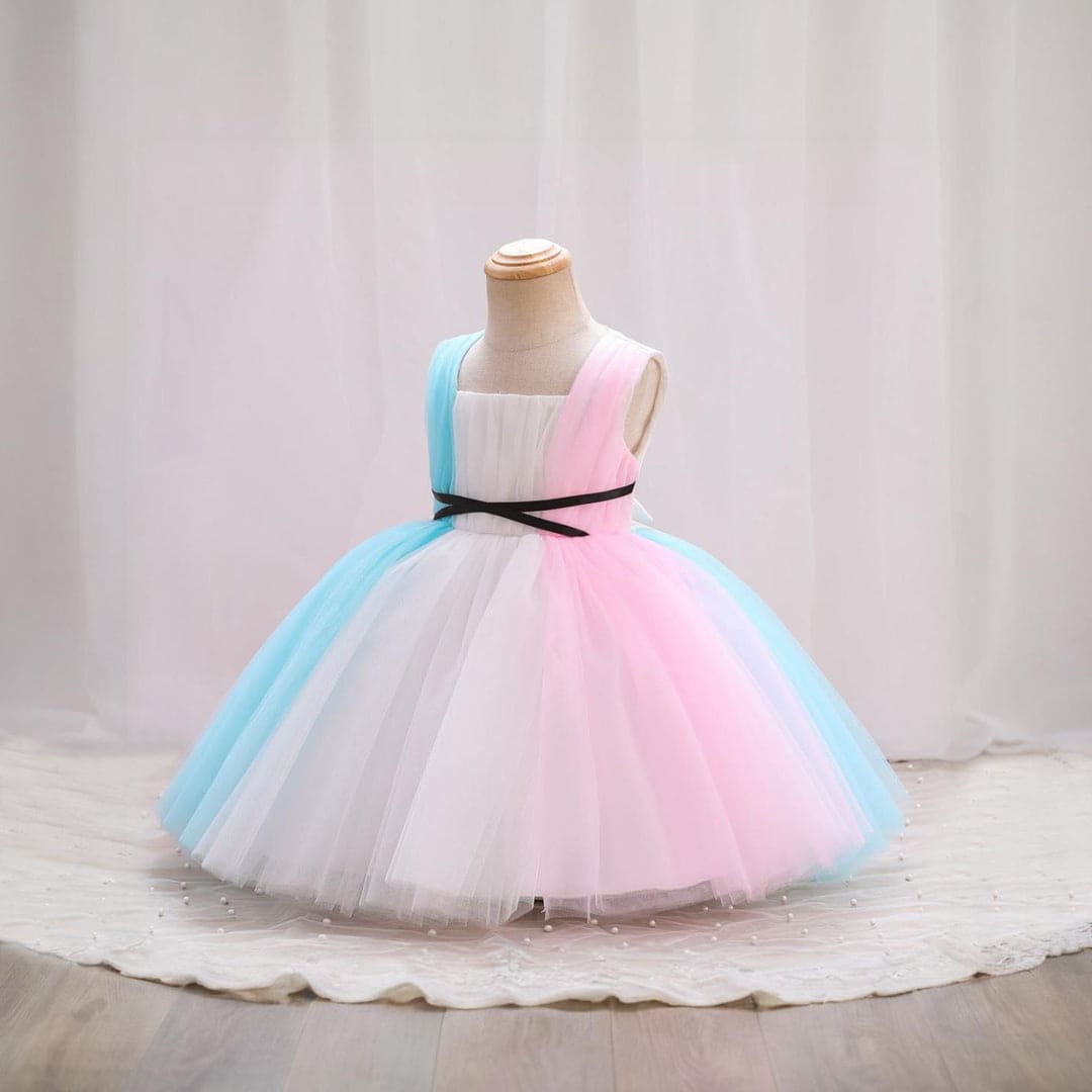 Girls Tri-Color Puffy Mess Partywear Dress Party Dresses   