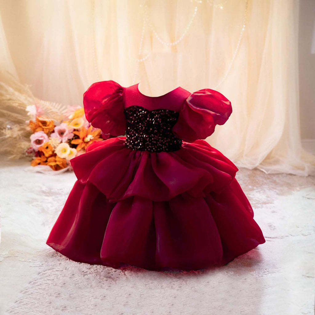 Girls Red Sequined Puff Sleeves Princess Partywear Dress Party Dresses Red 1-2 Y 