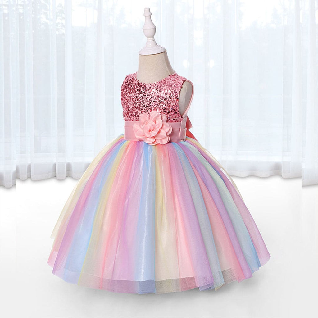 Girls Pink Flower Mesh Sequined Partywear Dress Party Dresses   