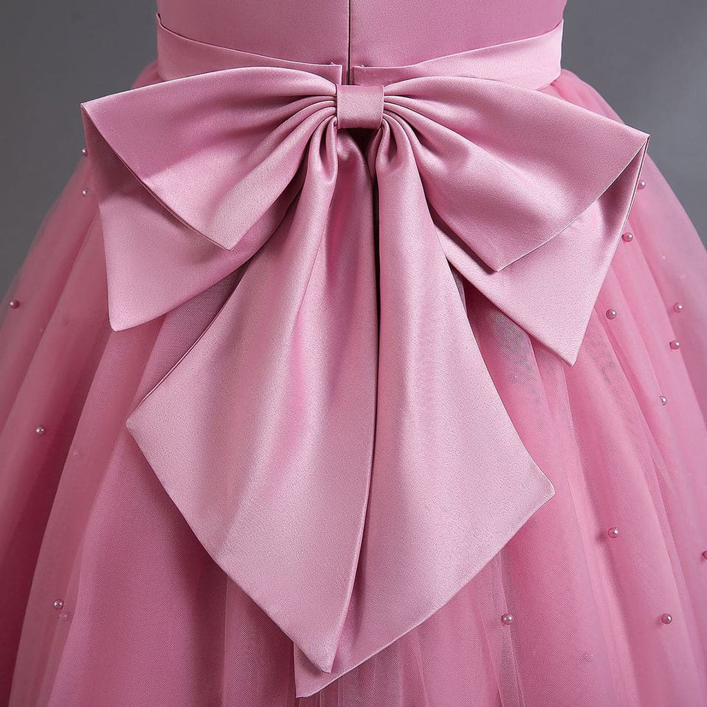 Girls Pink Pearl Big Bow Puffy Partywear Dress Party Dresses   