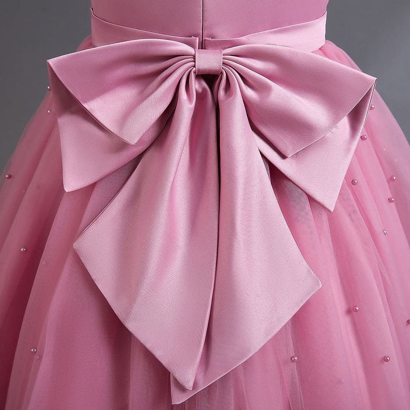 Girls Pink Pearl Big Bow Puffy Partywear Dress Party Dresses   