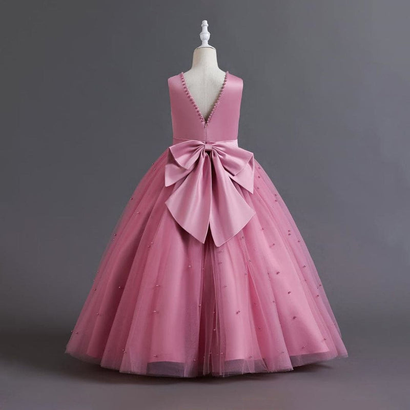 Girls Pink Pearl Big Bow Puffy Partywear Dress Party Dresses   