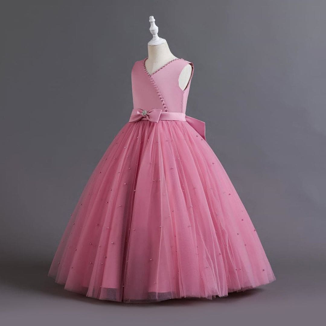 Girls Pink Pearl Big Bow Puffy Partywear Dress Party Dresses   