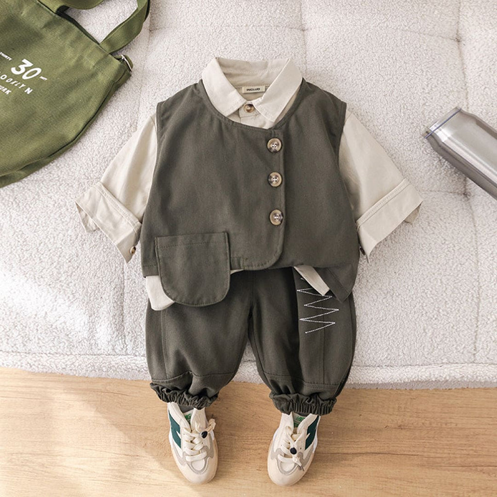 Boys Green Sleeveless Vest With Shirt & Trousers Set Sets Green 1-2 Y 