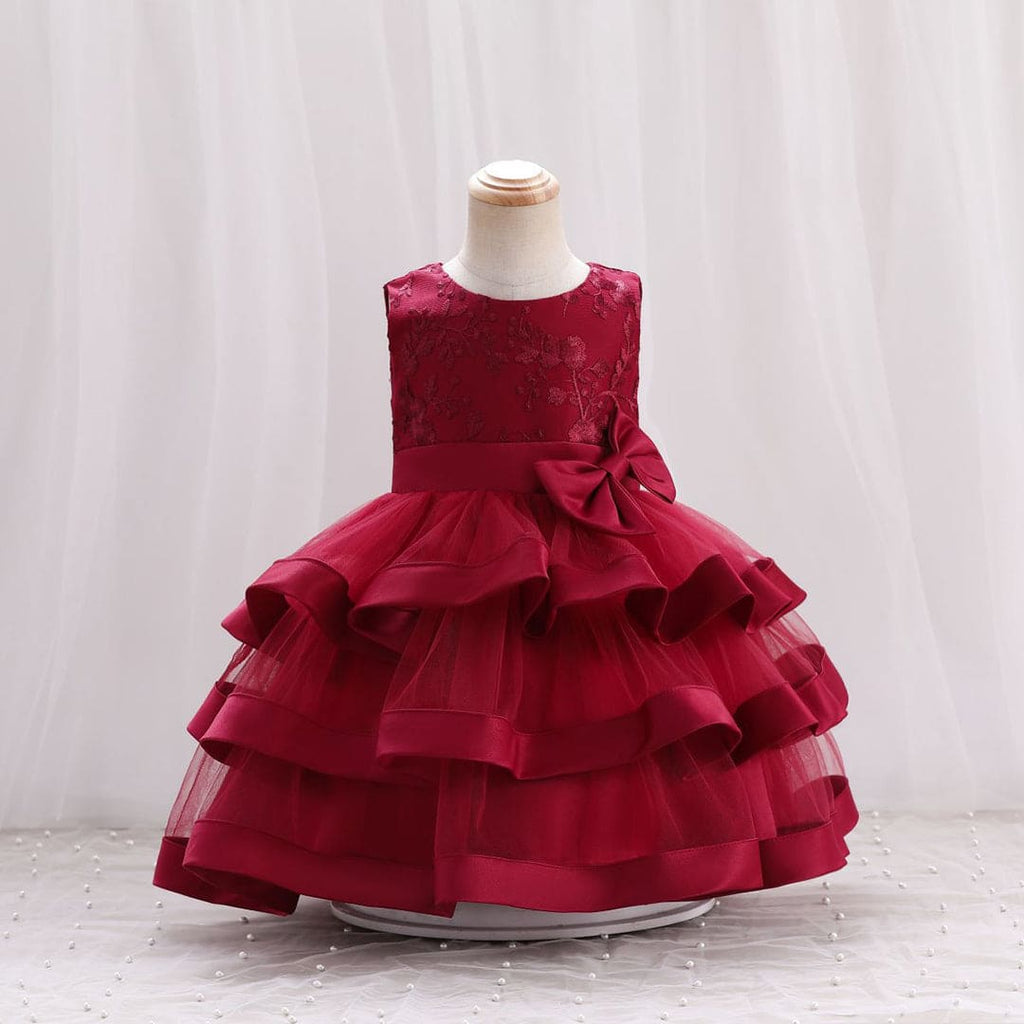 Girls Red Embroidered Bow Puffy Partywear Dress Party Dresses Red 1-2 Y 