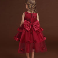 Girls Wine Red Princess Partywear Dress With Bow Party Dresses   