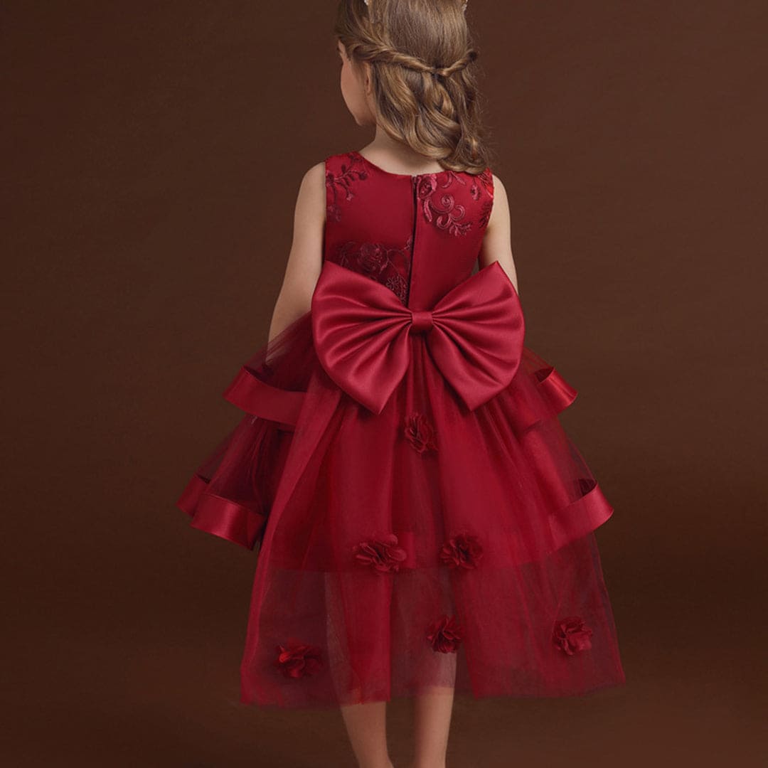 Girls Wine Red Princess Partywear Dress With Bow Party Dresses   