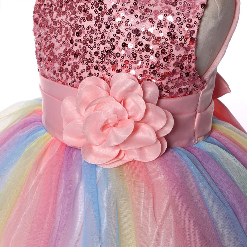 Girls Pink Flower Mesh Sequined Partywear Dress Party Dresses   
