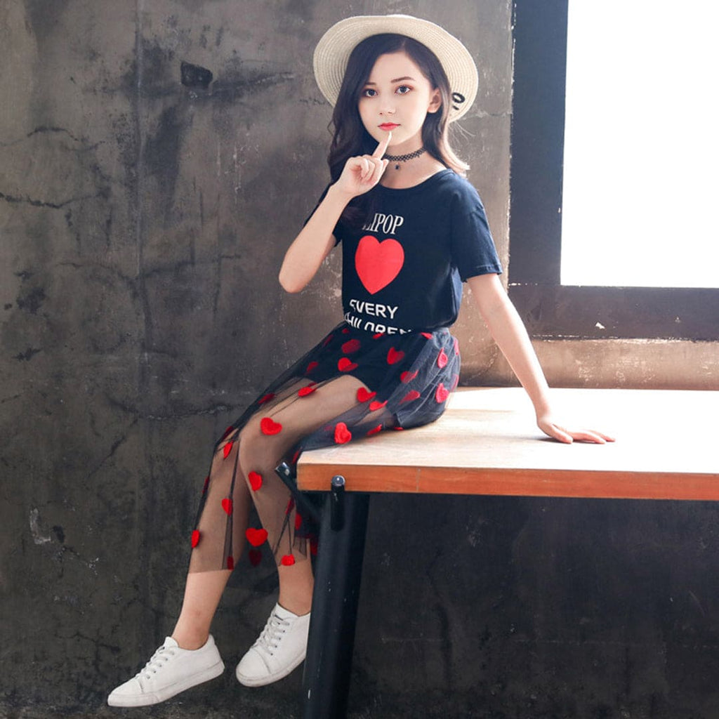 Girls Black Short Sleeve Heart Print T-Shirt With Skirt set