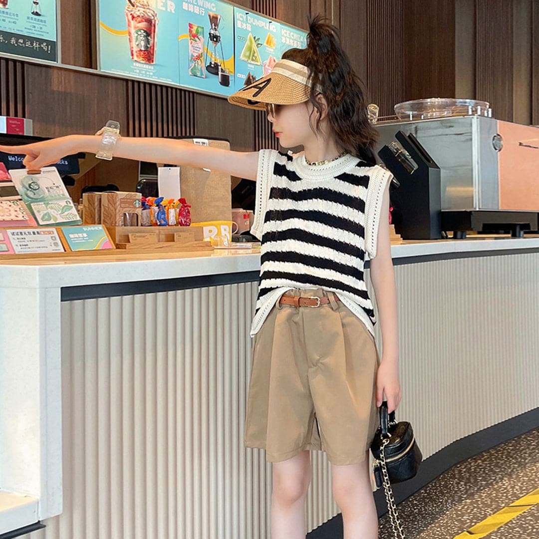 Girls Sleeveless Knitted Top With Shorts Set Sets   