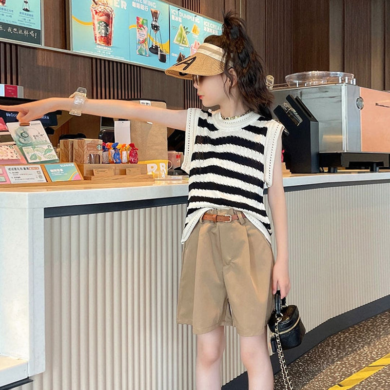 Girls Sleeveless Knitted Top With Shorts Set Sets   