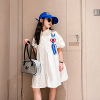 Girls White Puff Sleeves Flared Shirt Dress Casual Dresses   