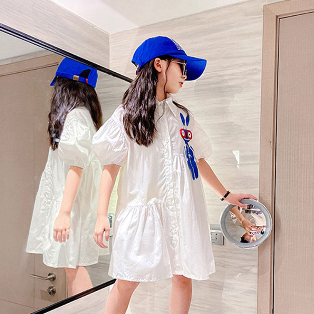 Girls White Puff Sleeves Flared Shirt Dress Casual Dresses   