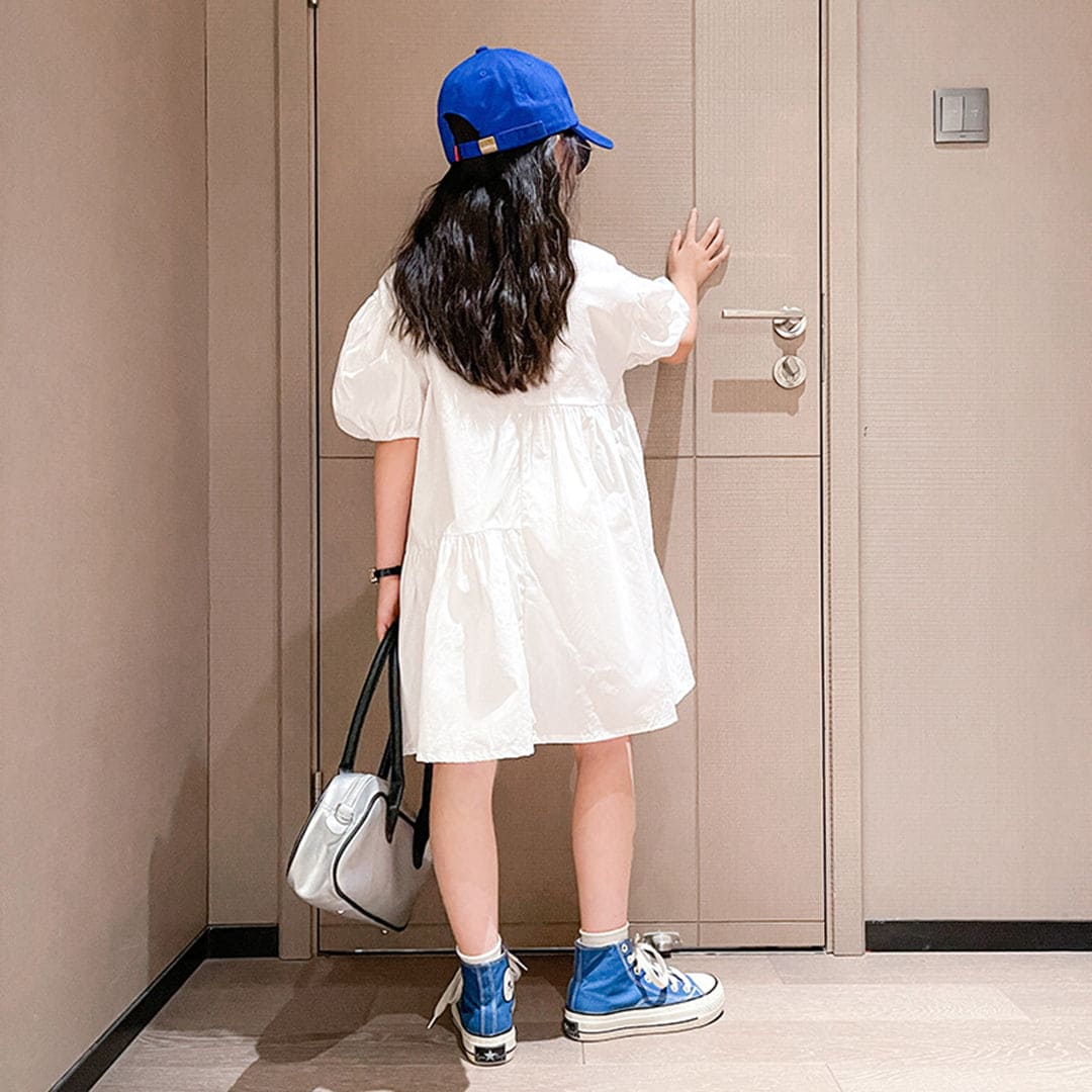 Girls White Puff Sleeves Flared Shirt Dress Casual Dresses   