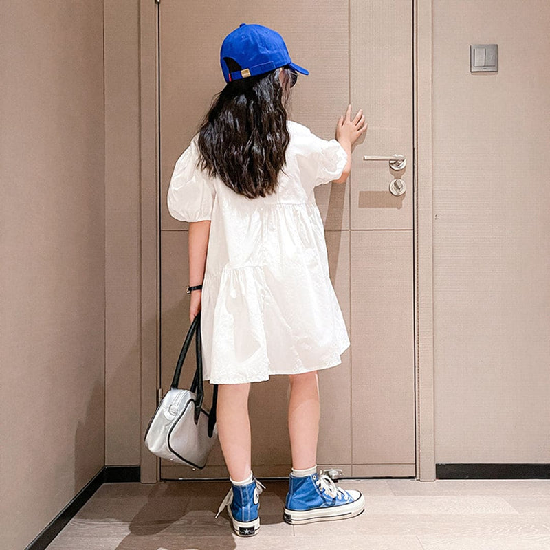 Girls White Puff Sleeves Flared Shirt Dress Casual Dresses   