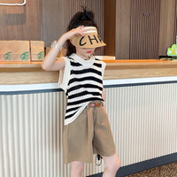 Girls Sleeveless Knitted Top With Shorts Set Sets   