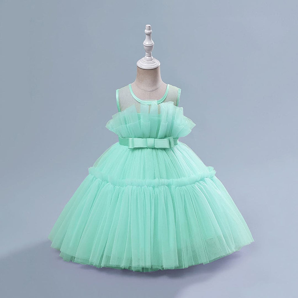 Girls Green Sleeveless Puffy Princess Partywear Dress Party Dresses