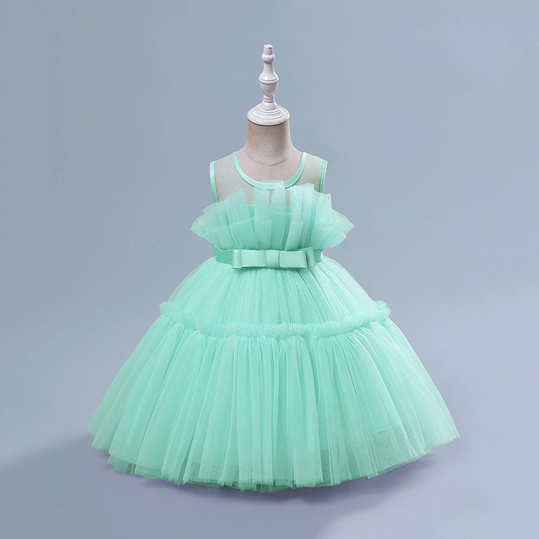 Girls Green Sleeveless Puffy Princess Partywear Dress Party Dresses