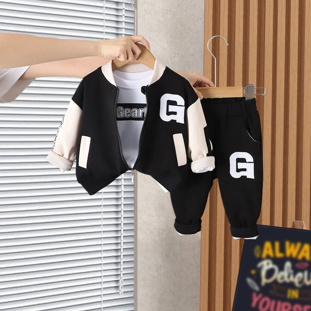 Boys Black Printed T-Shirt With Color-blocked Sweatshirt & Trouser Set Sets Black 1-2 Y 