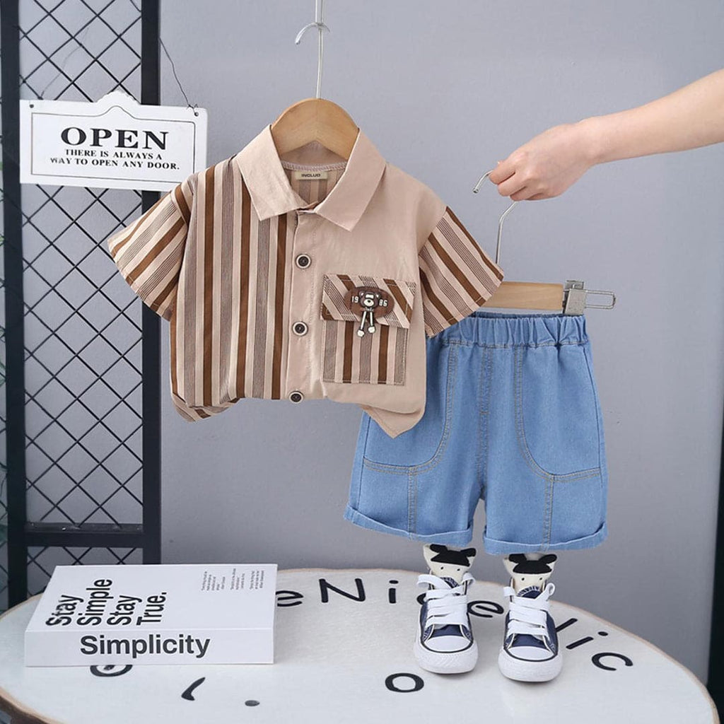 Boys Khaki Striped Short Sleeves Shirt With Denim Shorts Set Sets Khaki 1-2 Y 