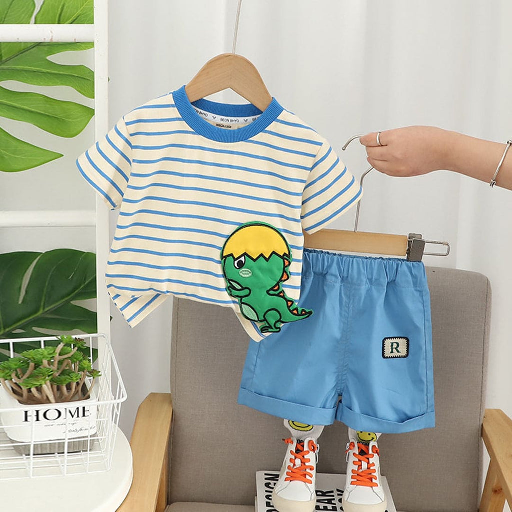 Boys Blue Dinosaur Applique Striped T-Shirt With Shorts Set Sets Blue 1-2 Y 