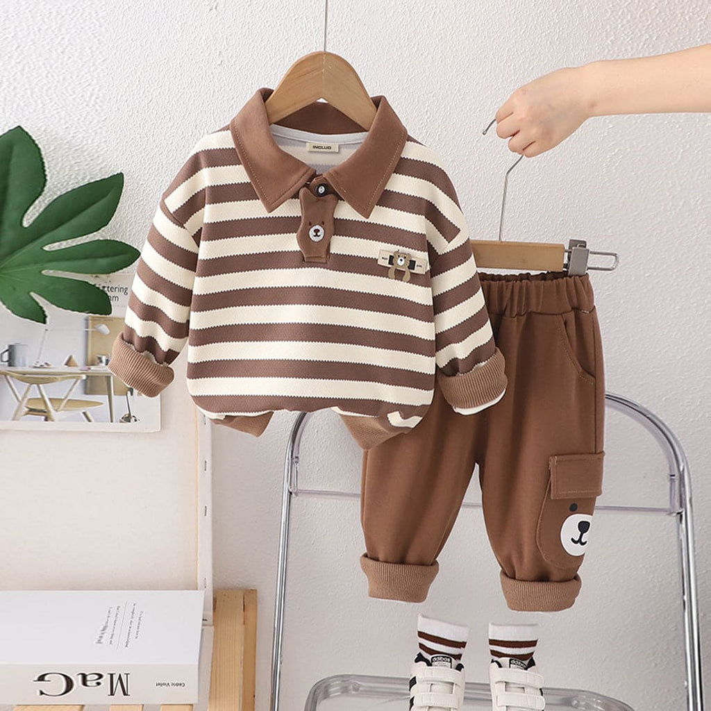 Boys Brown Striped Polo Sweatshirt With Trouser Set Sets Brown 1-2 Y 