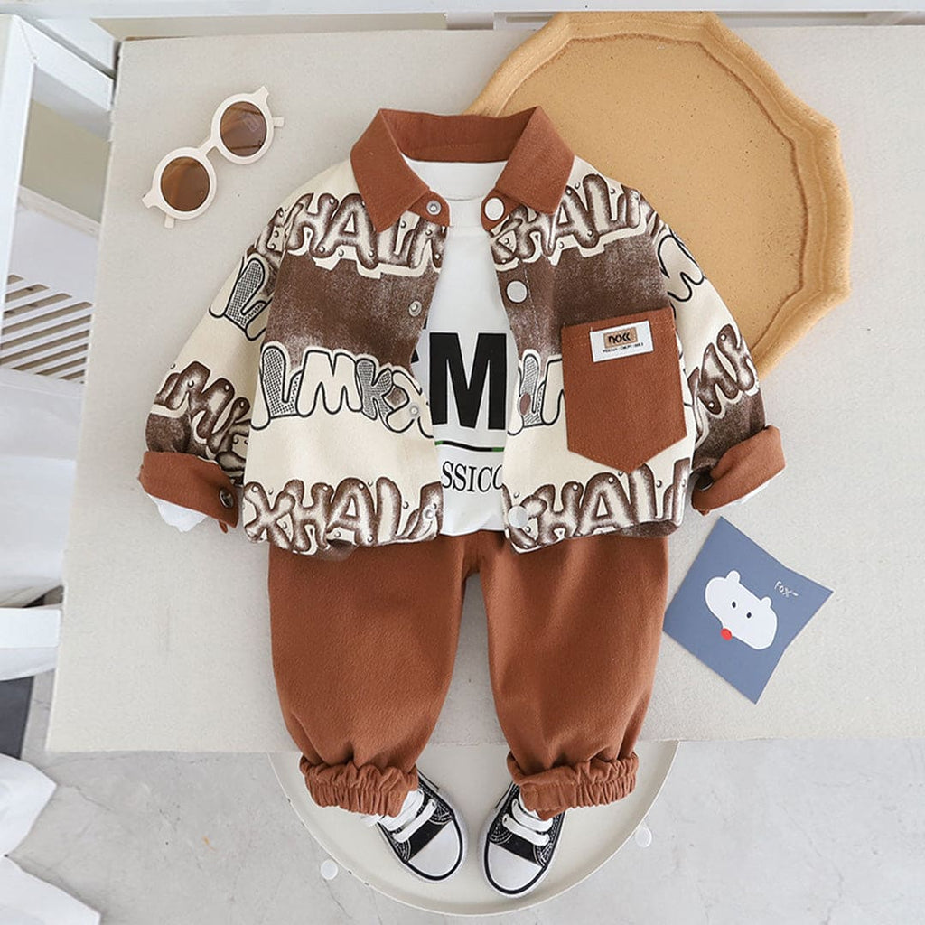 Boys Long Sleeve Printed Brown Shirt With T-Shirt & Pants Set Sets Brown 1-2 Y 