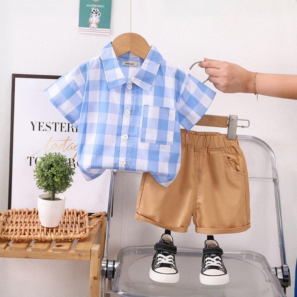 Boys Check Short Sleeves Shirt With Shorts Set Sets Sky Blue 1-2 Y 