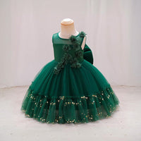Girls Green Flower Embellished Partywear Dress With Back Bow Party Dresses   