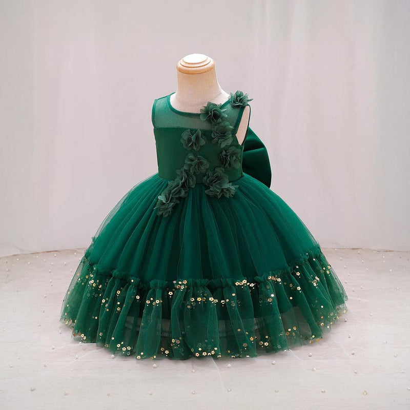 Girls Green Flower Embellished Partywear Dress With Back Bow Party Dresses   