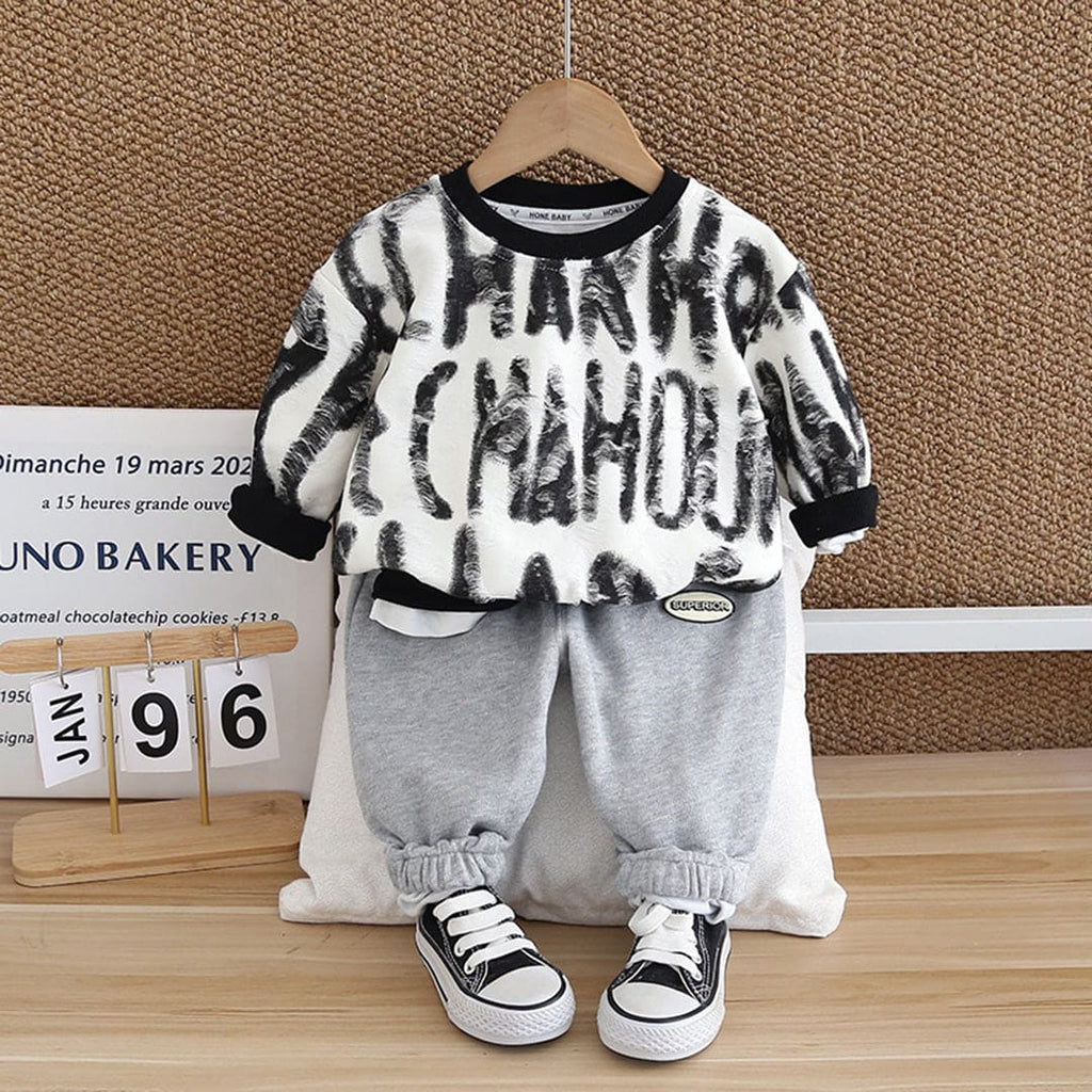 Boys Printed White Long Sleeves Sweatshirt With Trouser Set Sets White 1-2 Y 