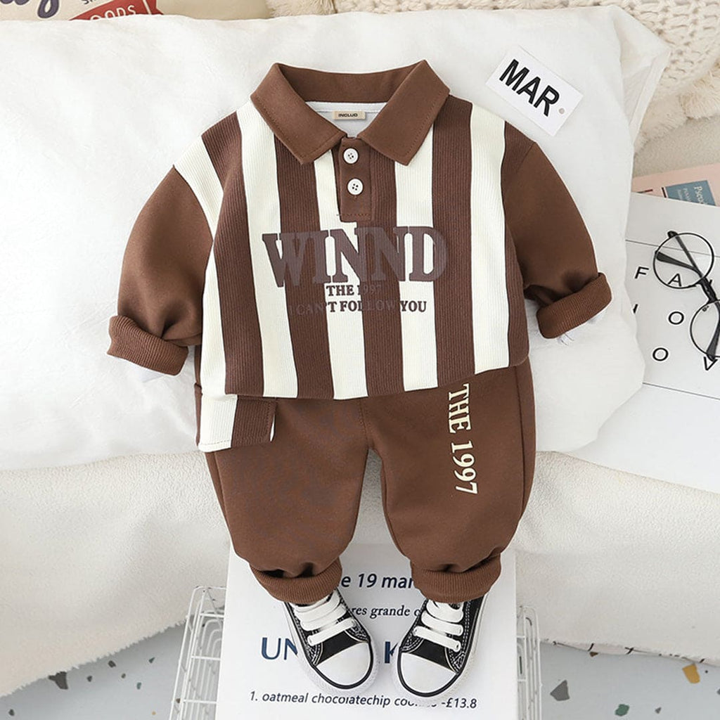 Boys Brown Striped Long Sleeves Polo T-Shirt With Trouser Set Sets Brown 1-2 Y 