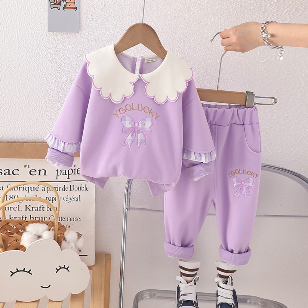 Girls Bow Embroidery Purple Sweatshirt With Pants Set Sets Purple 1-2 Y 