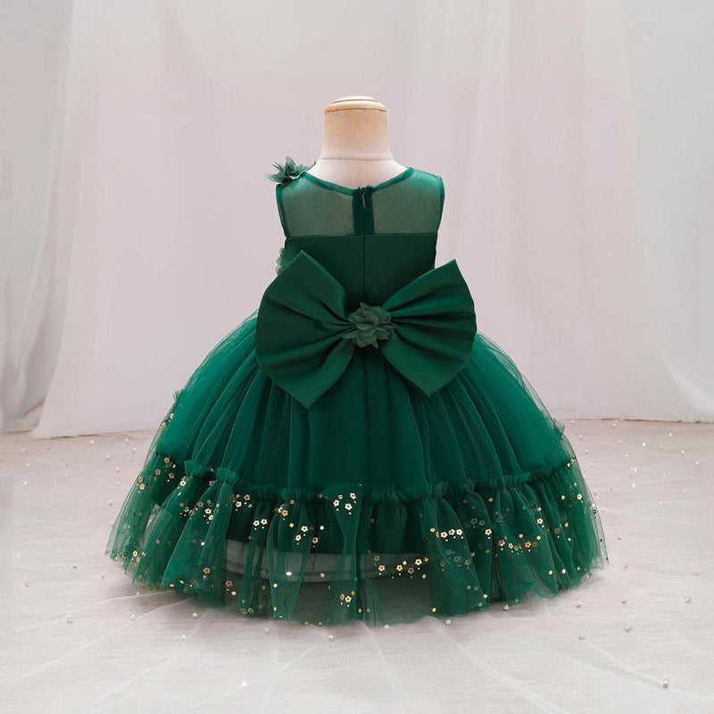Girls Green Flower Embellished Partywear Dress With Back Bow Party Dresses   