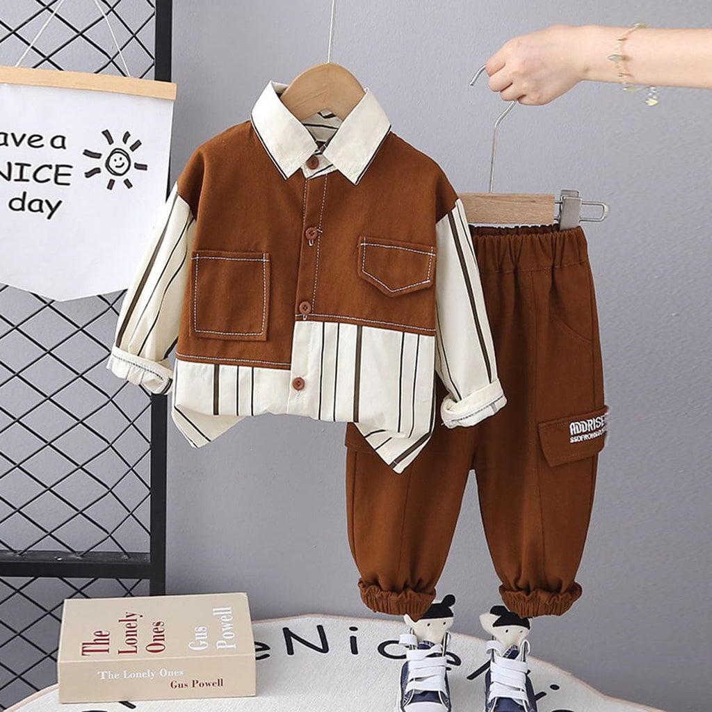 Boys Brown Striped Color-blocked Shirt With Trouser Set Sets Brown 1-2 Y 