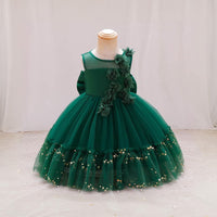 Girls Green Flower Embellished Partywear Dress With Back Bow Party Dresses Green 1-2 Y 