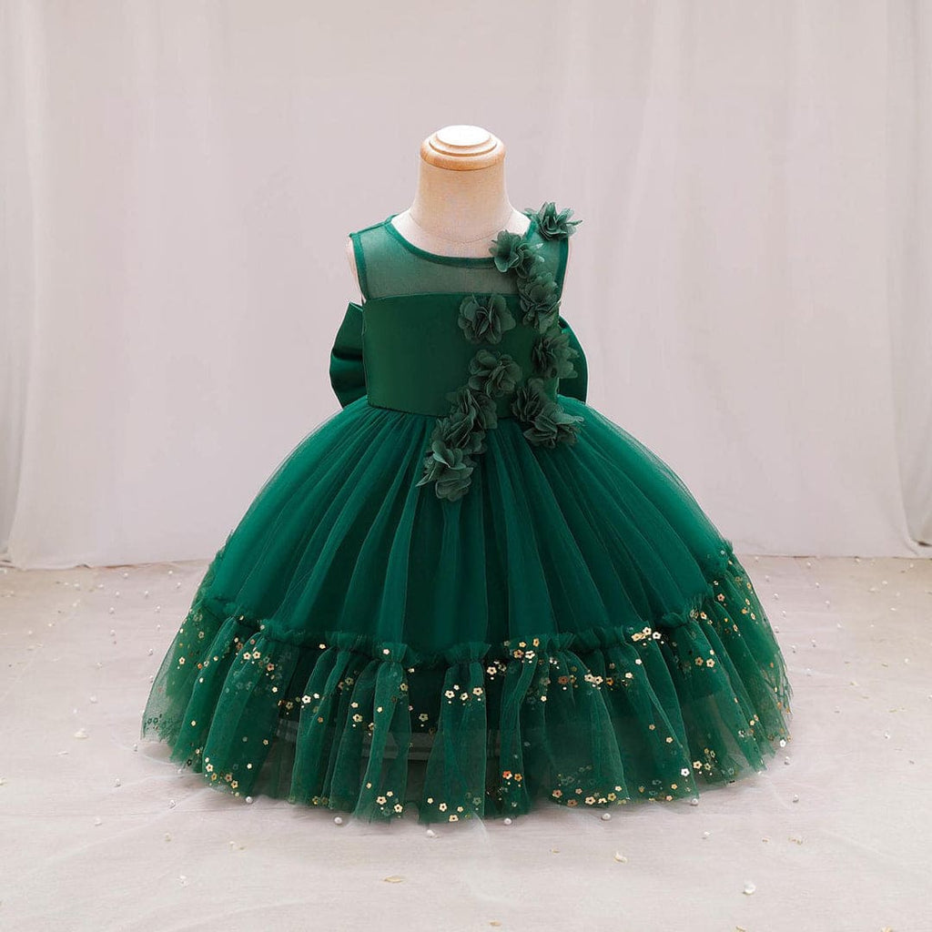 Girls Green Flower Embellished Partywear Dress With Back Bow Party Dresses Green 1-2 Y 