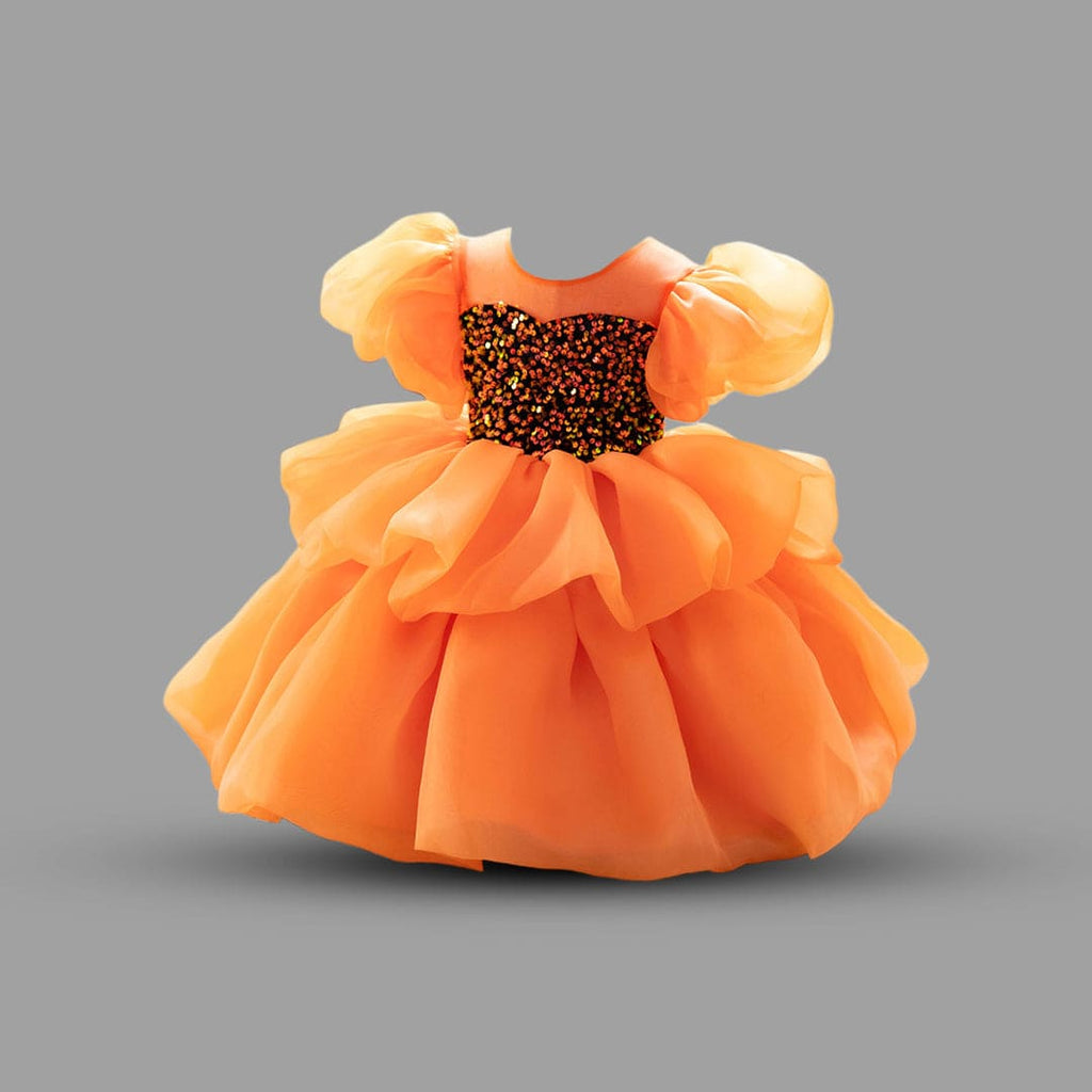 Girls Orange Sequined Puff Sleeves Princess Partywear Dress Party Dresses Orange 1-2 Y 