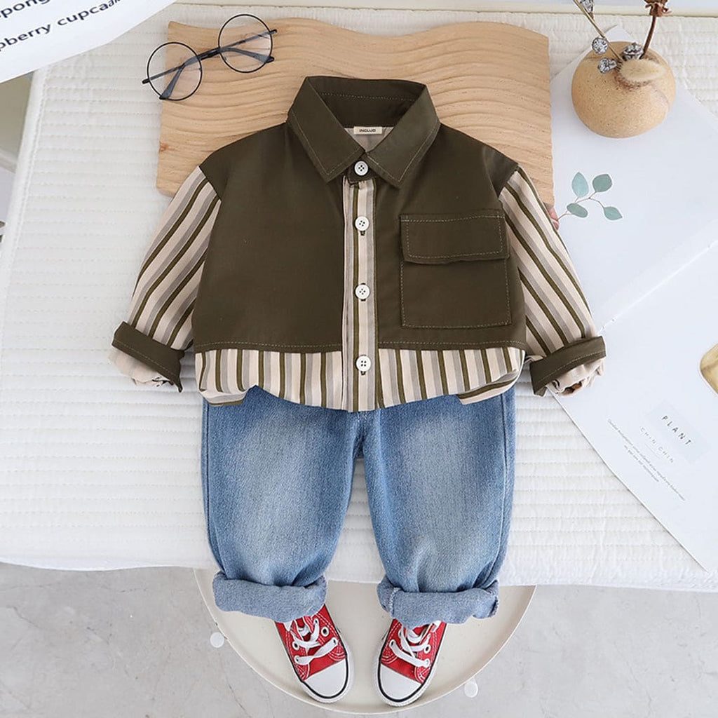 Boys Brown Striped Long Sleeves Shirt With Denim Jeans Set Sets Brown 1-2 Y 