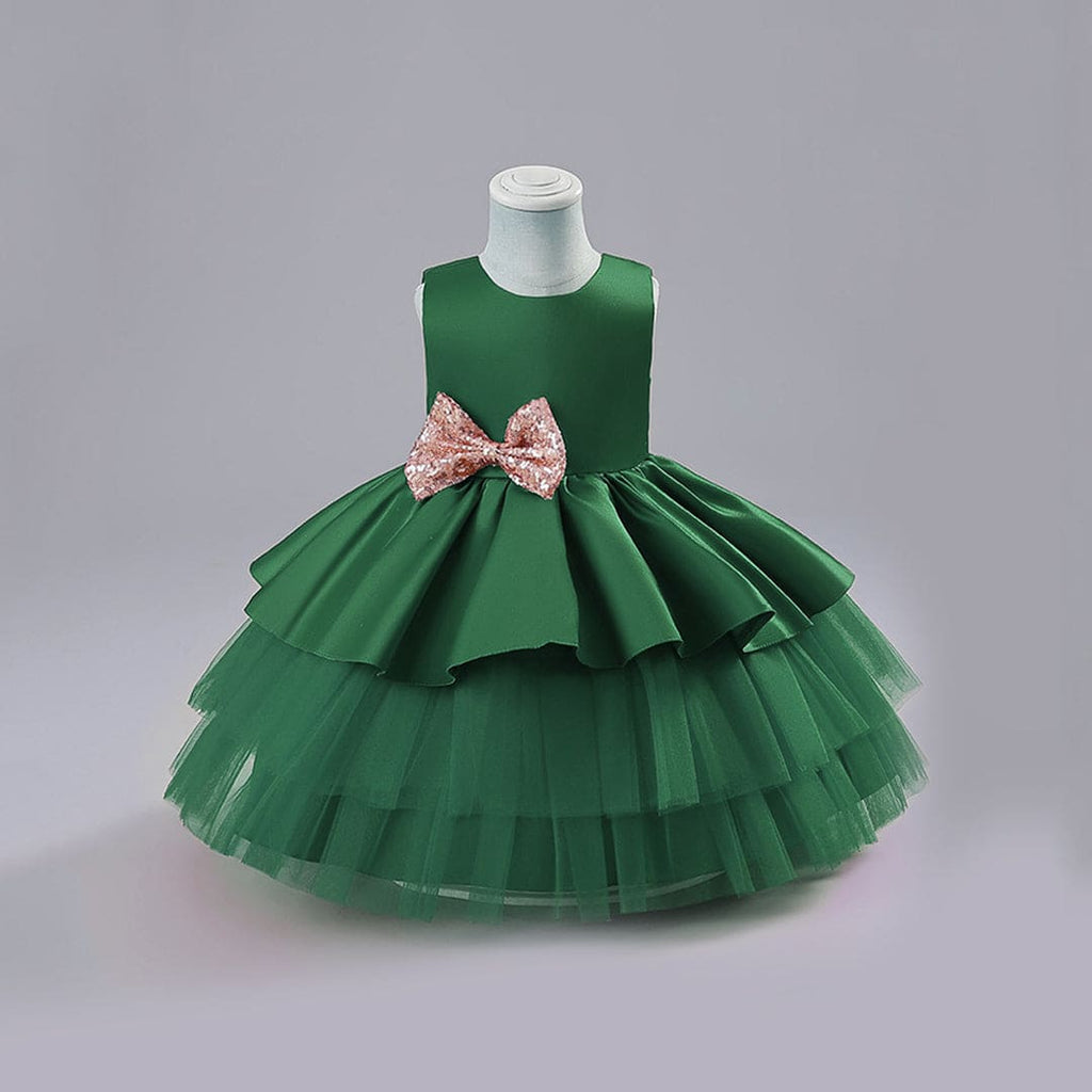 Girls Green Net Tulle Princess Partywear Dress With Glitter Bow Party Dresses Green 1-2 Y 