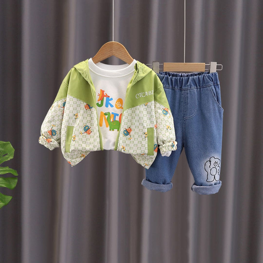 Boys Green Printed Hooded Jacket With T-Shirt & Denim Jeans Set Sets Green 1-2 Y 