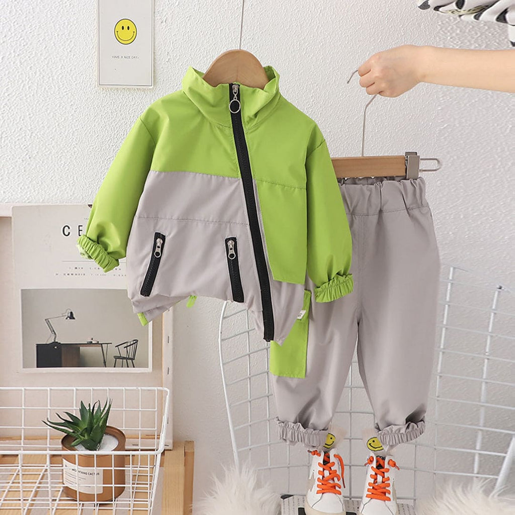 Boys Green Long Sleeve Color-blocked Jacket With Trouser Set Sets Green 1-2 Y 