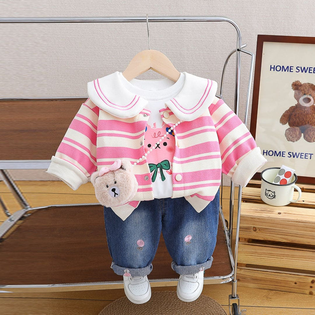 Girls Pink Striped Peter Pan Collar Cardigan With T-Shirt & Denim Set Sets Pink 1-2 Y 