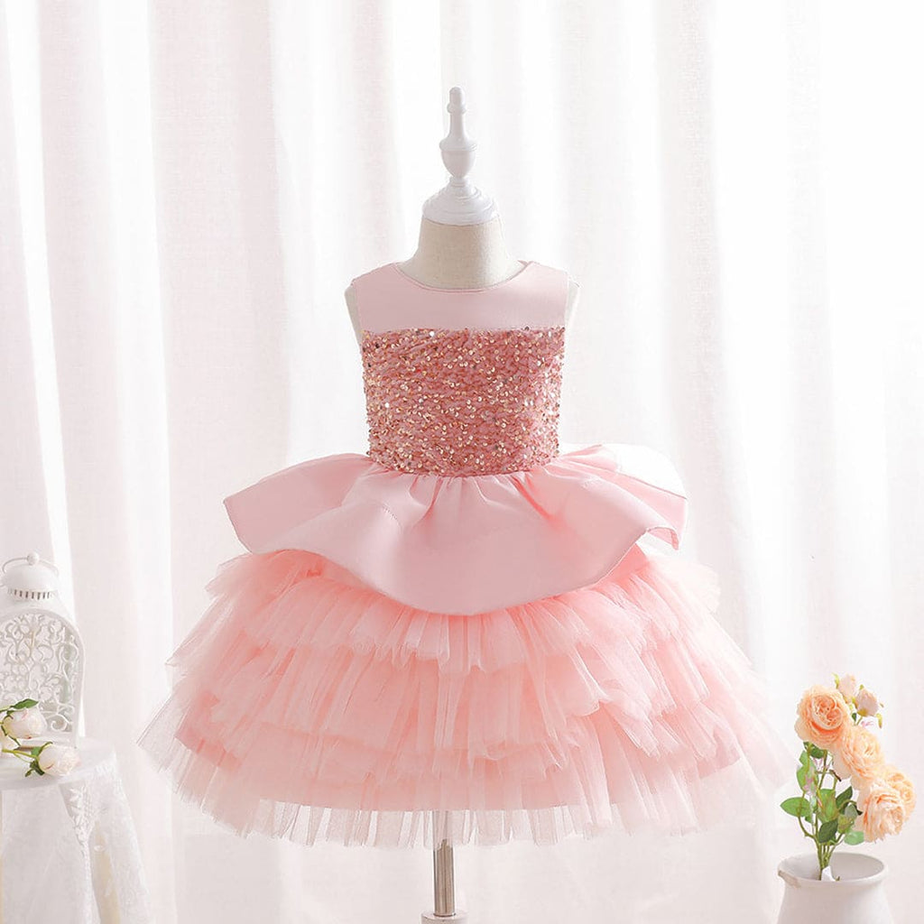 Girls Pink Tiered Flared Partywear Dress Party Dresses   