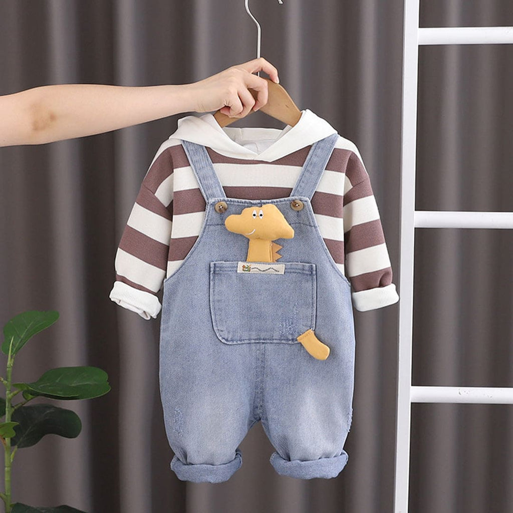 Boys Brown Dinosaur Pocket Dungaree With Striped Sweatshirt Set Sets Brown 1-2 Y 